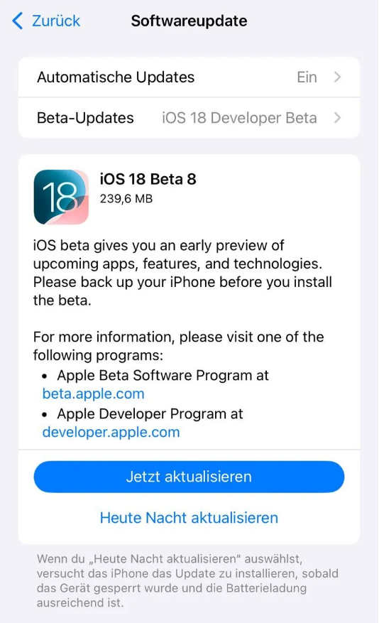 四平苹果手机维修分享苹果 iOS / iPadOS 18 开发者预览版 Beta 8 发布 